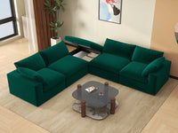 Deluxe Cloud 4-Seater Gem Green V-Shaped Sectional | 5-Piece (Includes 1 Ottoman), Velvet Fabric, Living Room Seating, Washable Cushion Covers