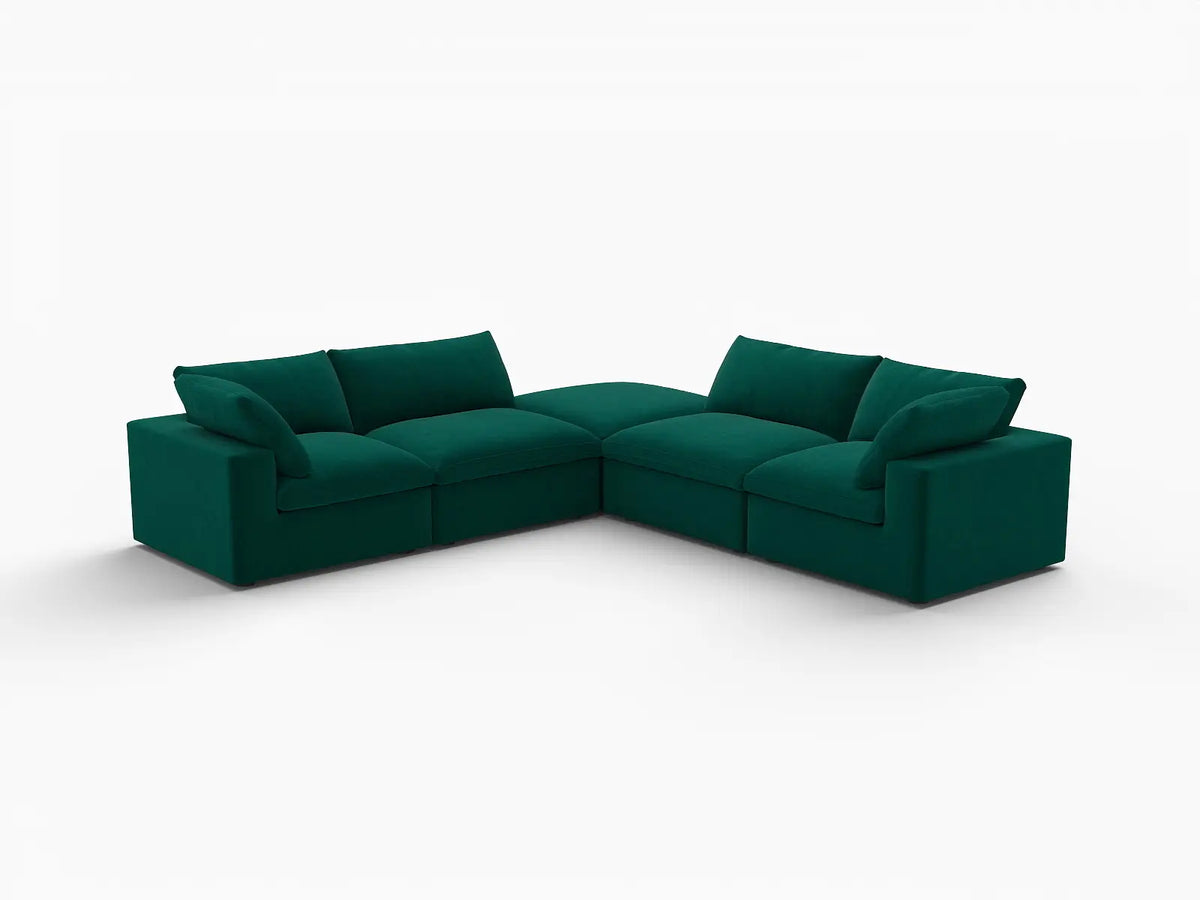 Deluxe Cloud 4-Seater Gem Green V-Shaped Sectional | 5-Piece (Includes 1 Ottoman), Velvet Fabric, Living Room Seating, Washable Cushion Covers