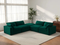 Deluxe Cloud 4-Seater Gem Green V-Shaped Sectional | 5-Piece (Includes 1 Ottoman), Velvet Fabric, Living Room Seating, Washable Cushion Covers