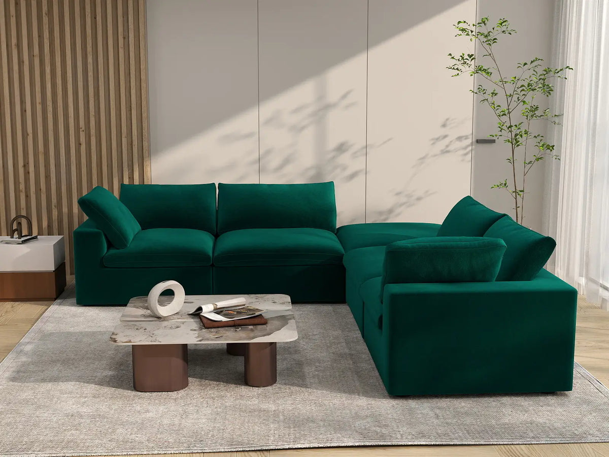 Deluxe Cloud 4-Seater Gem Green V-Shaped Sectional | 5-Piece (Includes 1 Ottoman), Velvet Fabric, Living Room Seating, Washable Cushion Covers