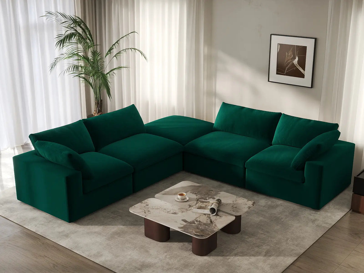 Deluxe Cloud 4-Seater Gem Green V-Shaped Sectional | 5-Piece (Includes 1 Ottoman), Velvet Fabric, Living Room Seating, Washable Cushion Covers