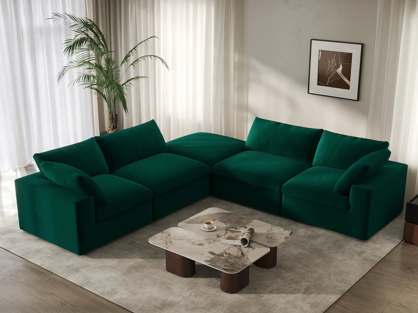 Deluxe Cloud 4-Seater Gem Green V-Shaped Sectional | 5-Piece (Includes 1 Ottoman), Velvet Fabric, Living Room Seating, Washable Cushion Covers