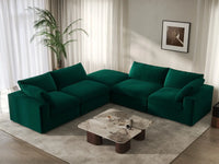 Deluxe Cloud 4-Seater Gem Green V-Shaped Sectional | 5-Piece (Includes 1 Ottoman), Velvet Fabric, Living Room Seating, Washable Cushion Covers