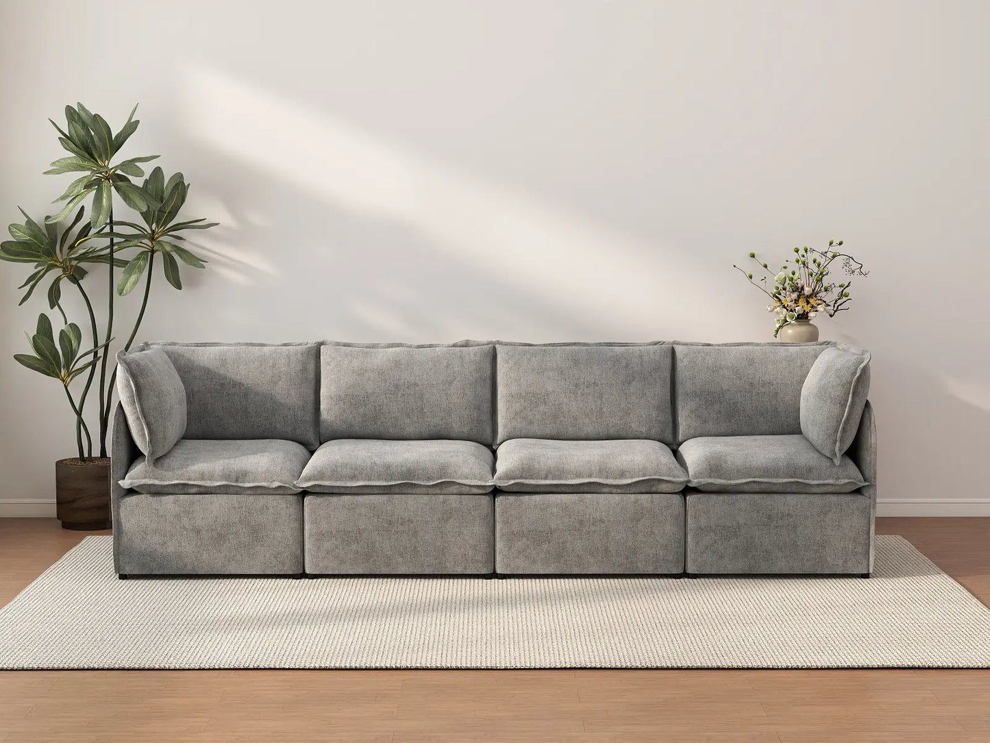 Deluxe Cloud 4-Seater Grey Large Space Couch Sectional | 4-Piece, Linen Look Poly Fabric, Easy To Clean