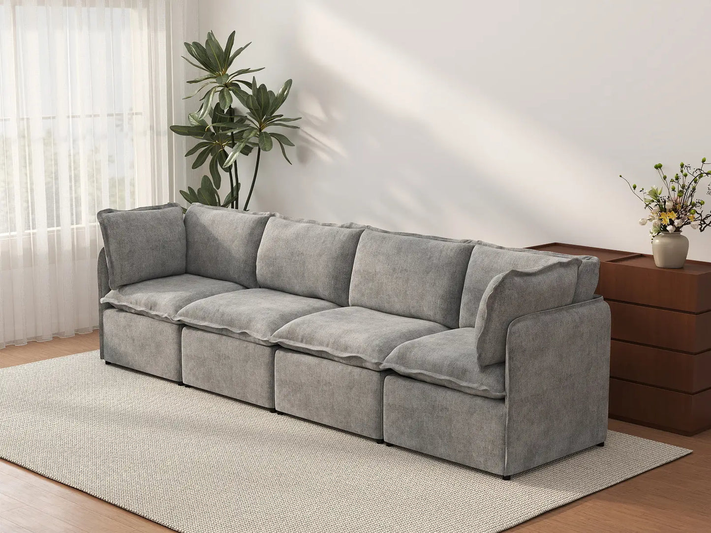 Deluxe Cloud 4-Seater Grey Large Space Couch Sectional | 4-Piece, Linen Look Poly Fabric, Easy To Clean