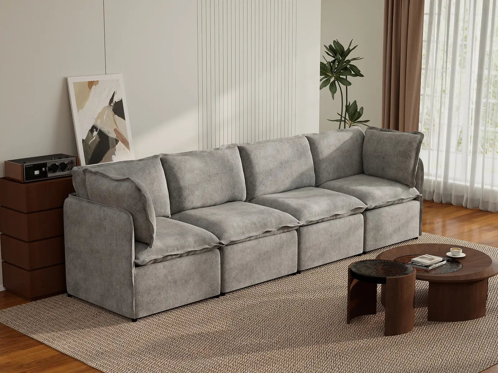 Deluxe Cloud 4-Seater Grey Large Space Couch Sectional | 4-Piece, Linen Look Poly Fabric, Easy To Clean