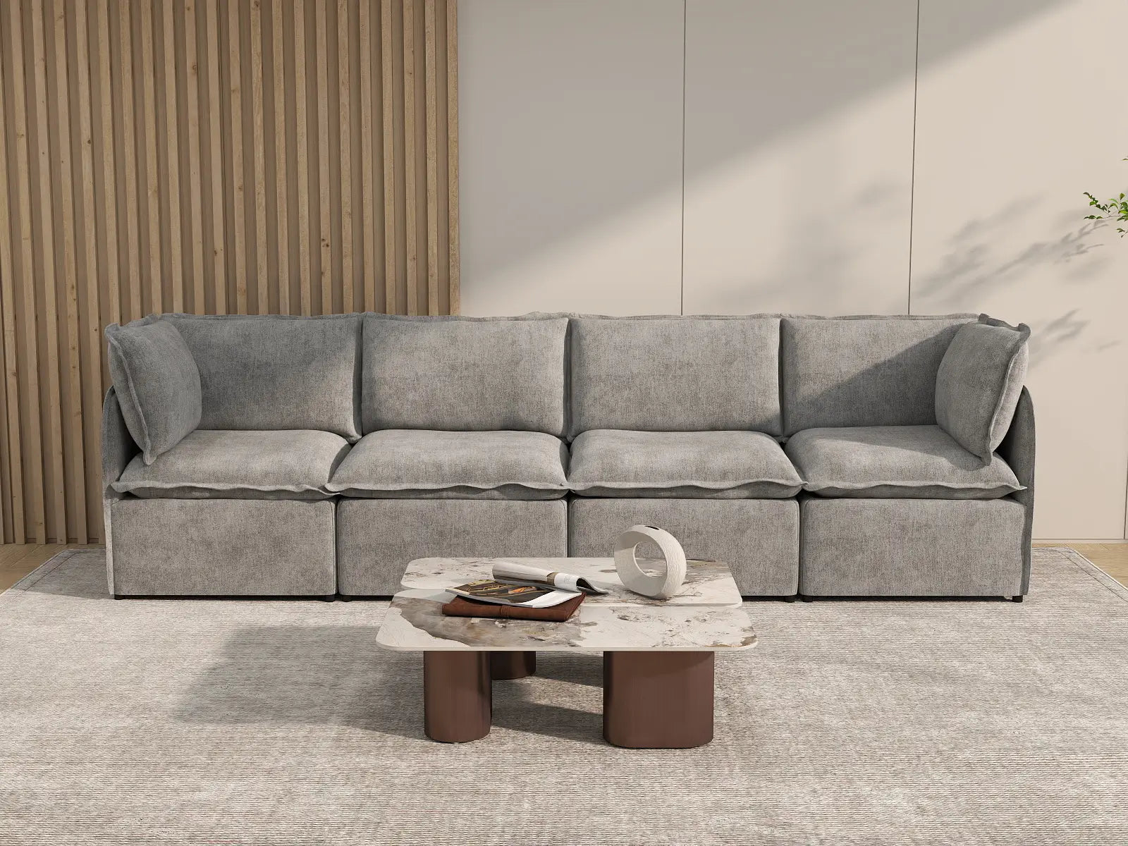 Deluxe Cloud 4-Seater Grey Large Space Couch Sectional | 4-Piece, Linen Look Poly Fabric, Easy To Clean