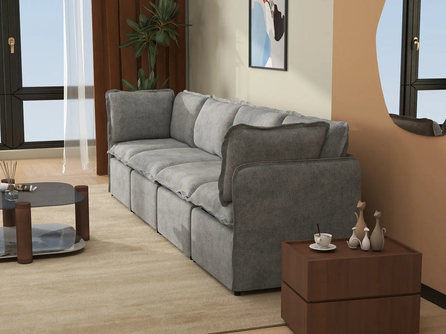Deluxe Cloud 4-Seater Grey Large Space Couch Sectional | 4-Piece, Linen Look Poly Fabric, Easy To Clean