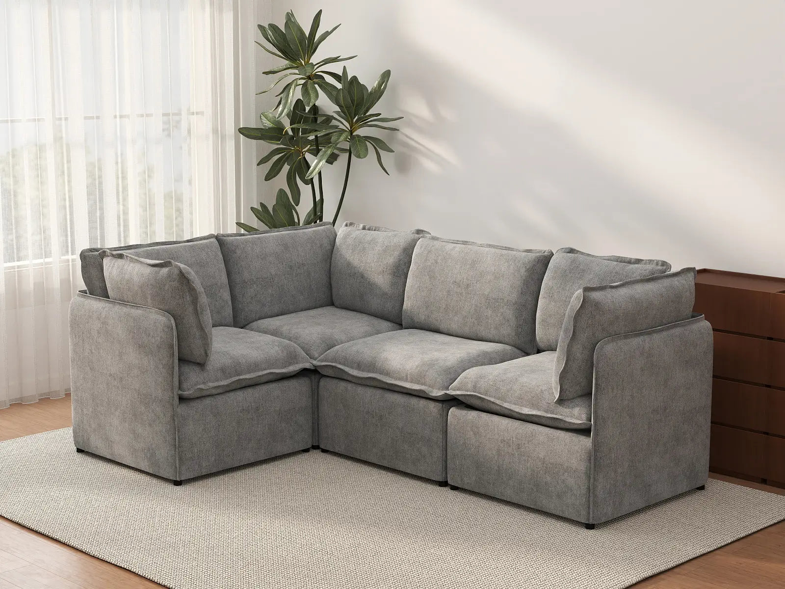 Deluxe Cloud 4-Seater Grey Large Space L-Shaped Sectional | 4-Piece, Linen Look Poly Fabric, Easy To Clean