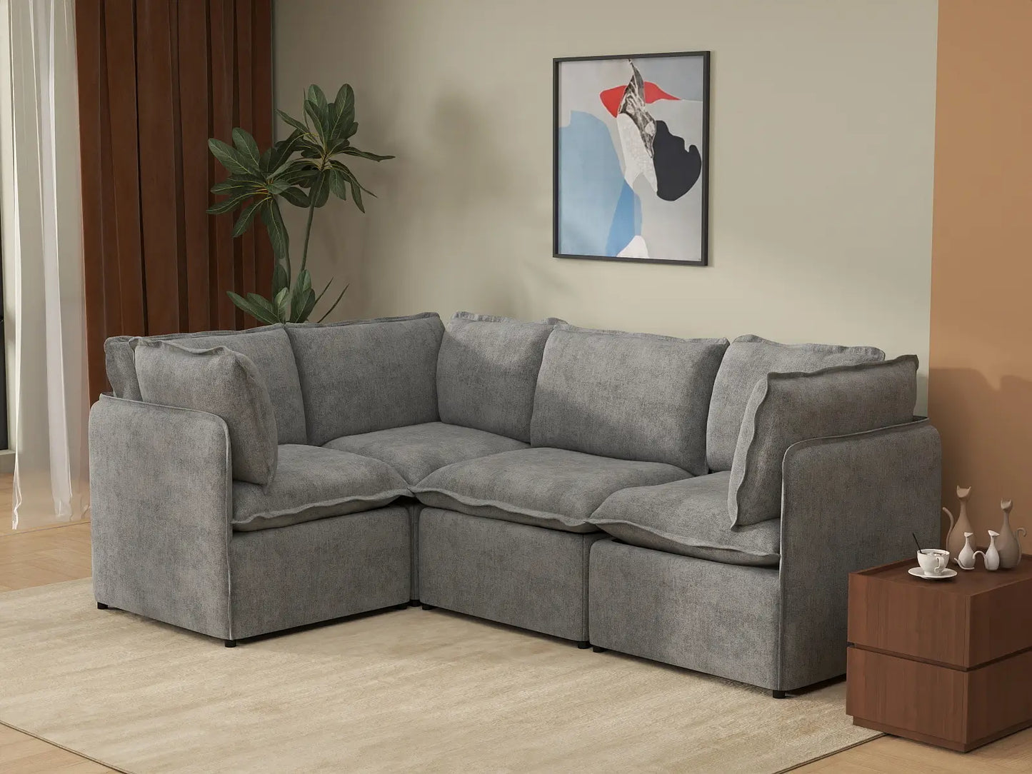 Deluxe Cloud 4-Seater Grey Large Space L-Shaped Sectional | 4-Piece, Linen Look Poly Fabric, Easy To Clean