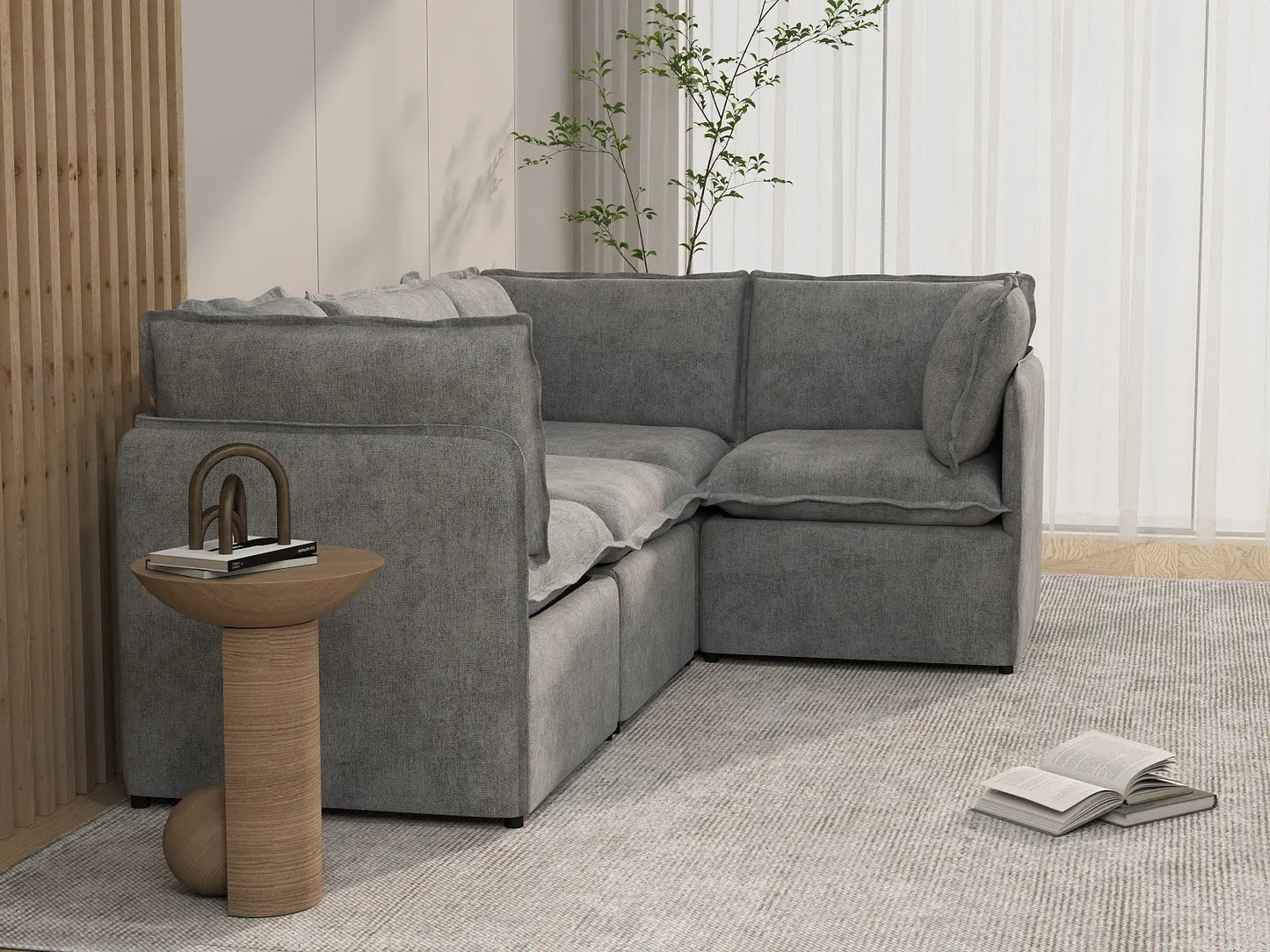 Deluxe Cloud 4-Seater Grey Large Space L-Shaped Sectional | 4-Piece, Linen Look Poly Fabric, Easy To Clean