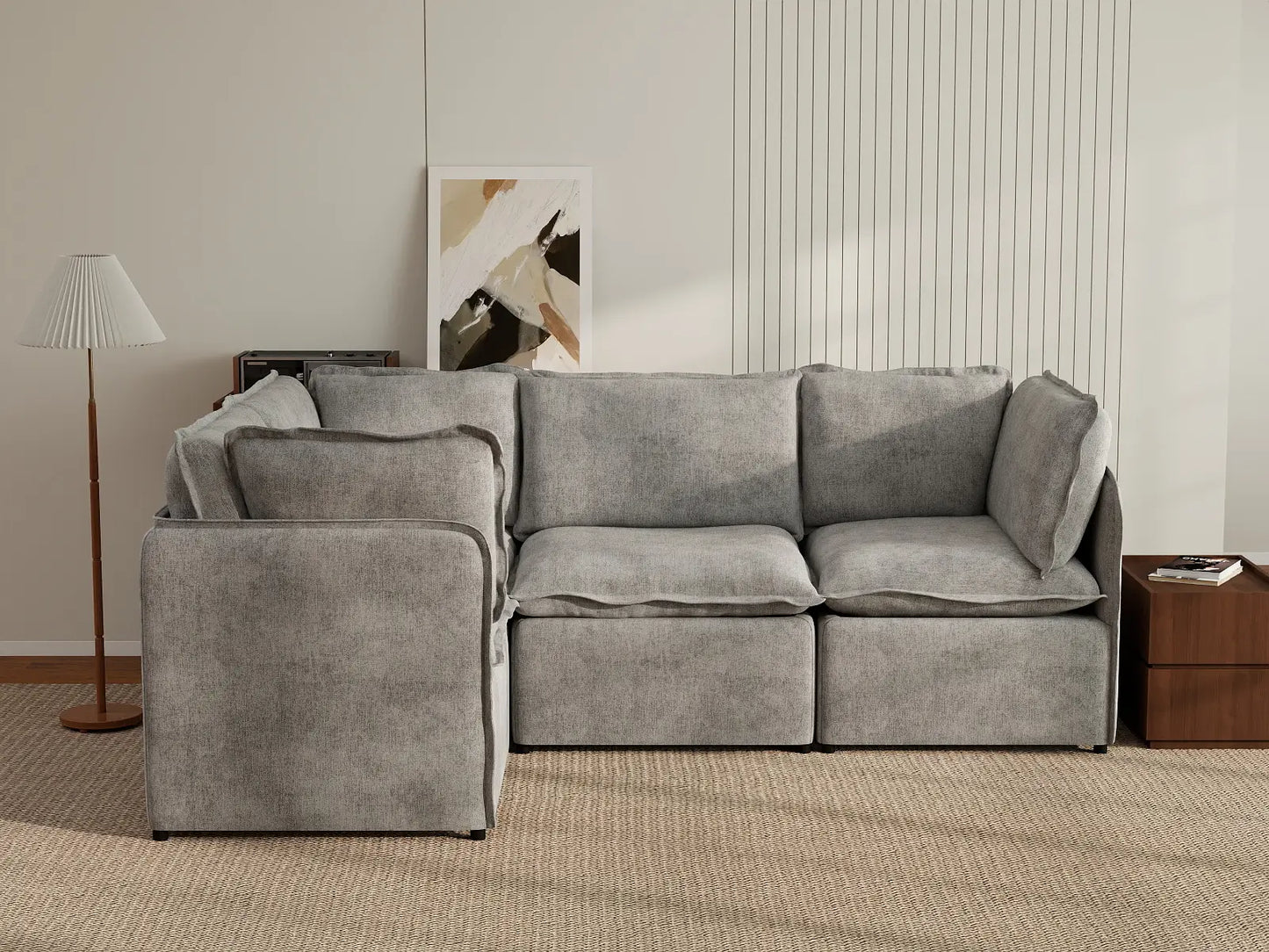 Deluxe Cloud 4-Seater Grey Large Space L-Shaped Sectional | 4-Piece, Linen Look Poly Fabric, Easy To Clean