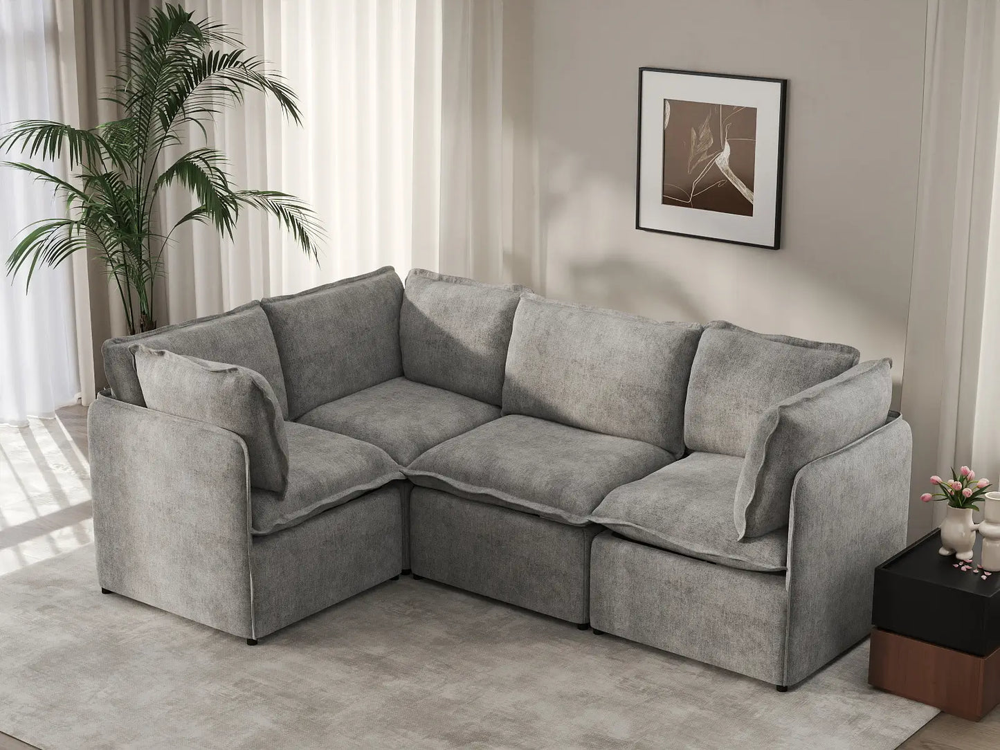 Deluxe Cloud 4-Seater Grey Large Space L-Shaped Sectional | 4-Piece, Linen Look Poly Fabric, Easy To Clean