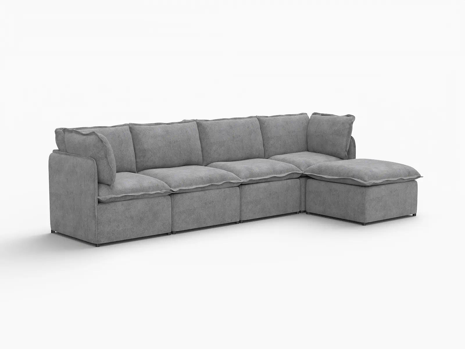 Deluxe Cloud 4-Seater Grey Large Space L-Shaped Sectional | 5-Piece (Includes 1 Ottoman), Linen Look Poly Fabric, Easy To Clean