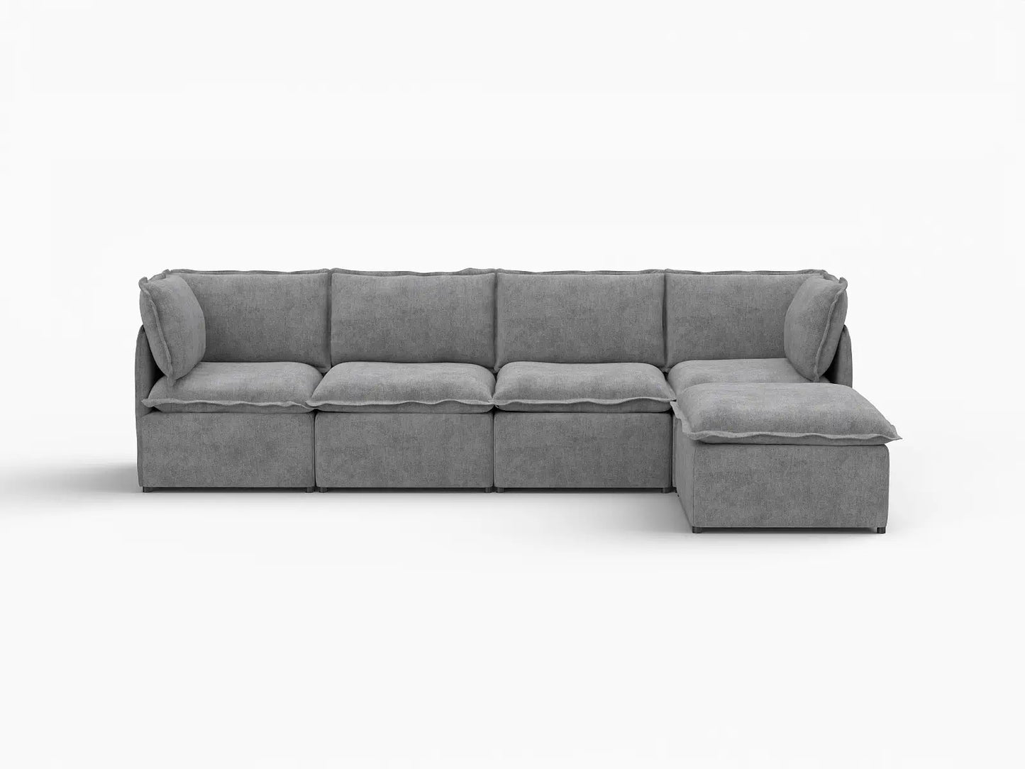 Deluxe Cloud 4-Seater Grey Large Space L-Shaped Sectional | 5-Piece (Includes 1 Ottoman), Linen Look Poly Fabric, Easy To Clean