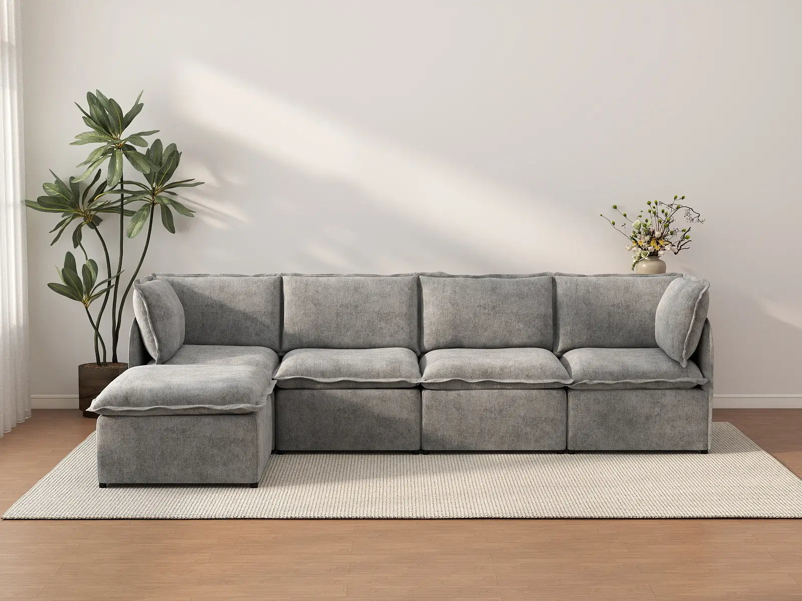 Deluxe Cloud 4-Seater Grey Large Space L-Shaped Sectional | 5-Piece (Includes 1 Ottoman), Linen Look Poly Fabric, Easy To Clean
