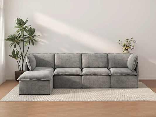 Deluxe Cloud 4-Seater Grey Large Space L-Shaped Sectional | 5-Piece (Includes 1 Ottoman), Linen Look Poly Fabric, Easy To Clean