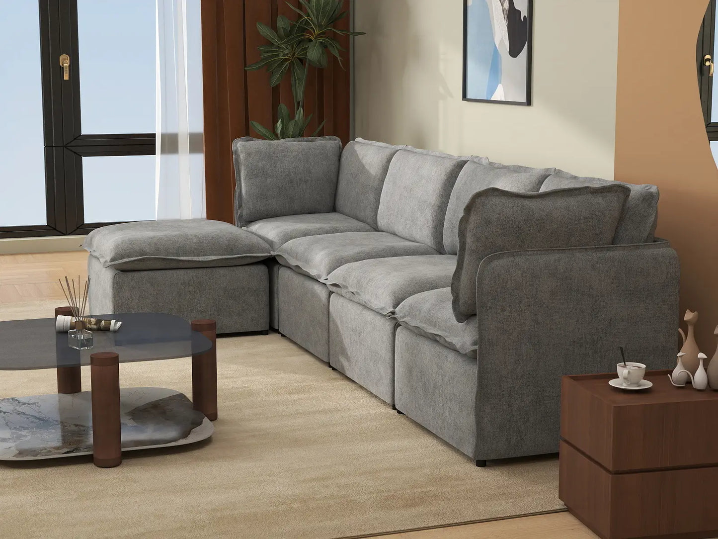 Deluxe Cloud 4-Seater Grey Large Space L-Shaped Sectional | 5-Piece (Includes 1 Ottoman), Linen Look Poly Fabric, Easy To Clean
