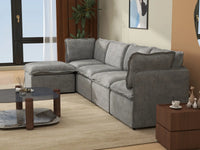 Deluxe Cloud 4-Seater Grey Large Space L-Shaped Sectional | 5-Piece (Includes 1 Ottoman), Linen Look Poly Fabric, Easy To Clean