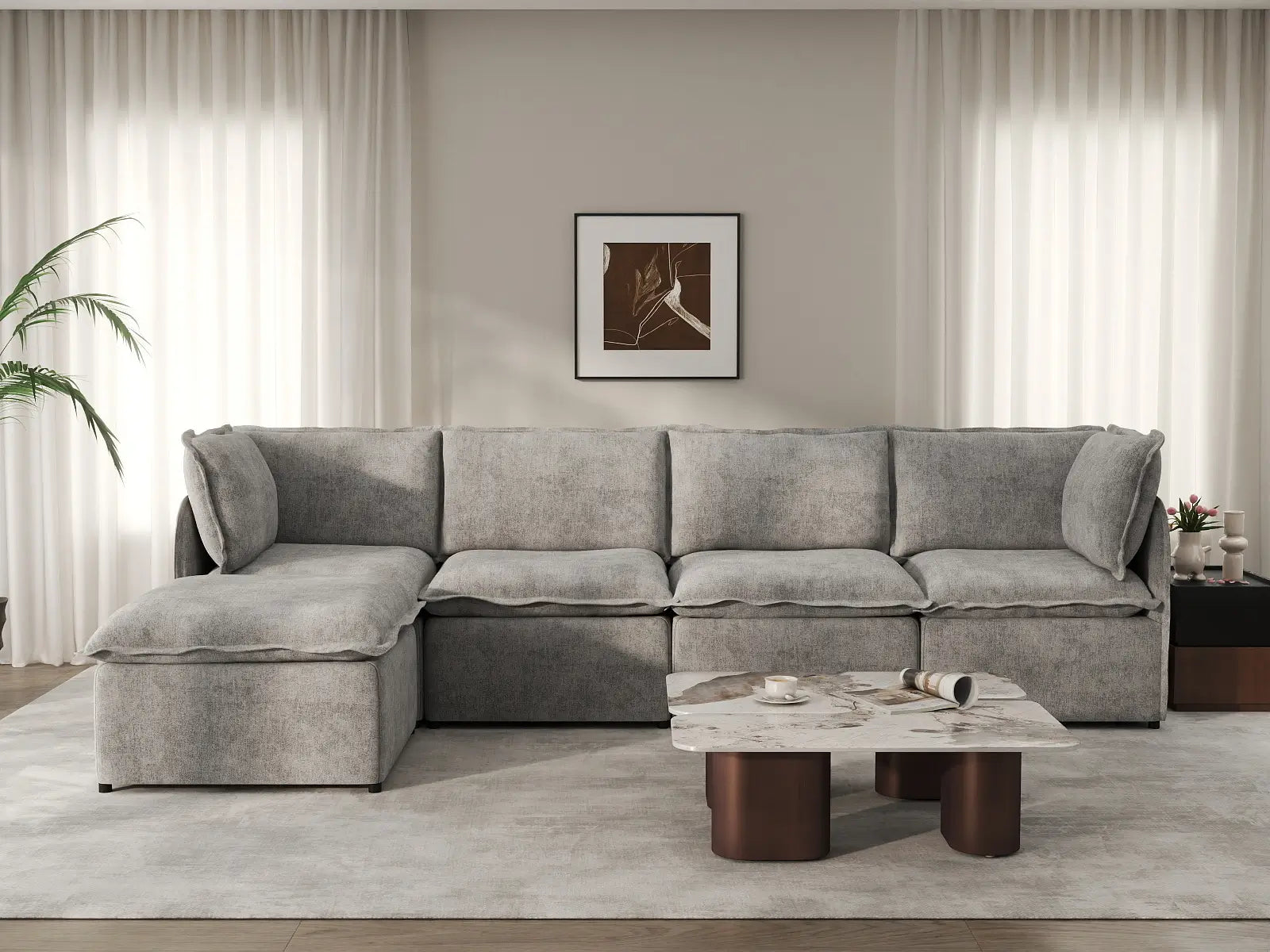 Deluxe Cloud 4-Seater Grey Large Space L-Shaped Sectional | 5-Piece (Includes 1 Ottoman), Linen Look Poly Fabric, Easy To Clean