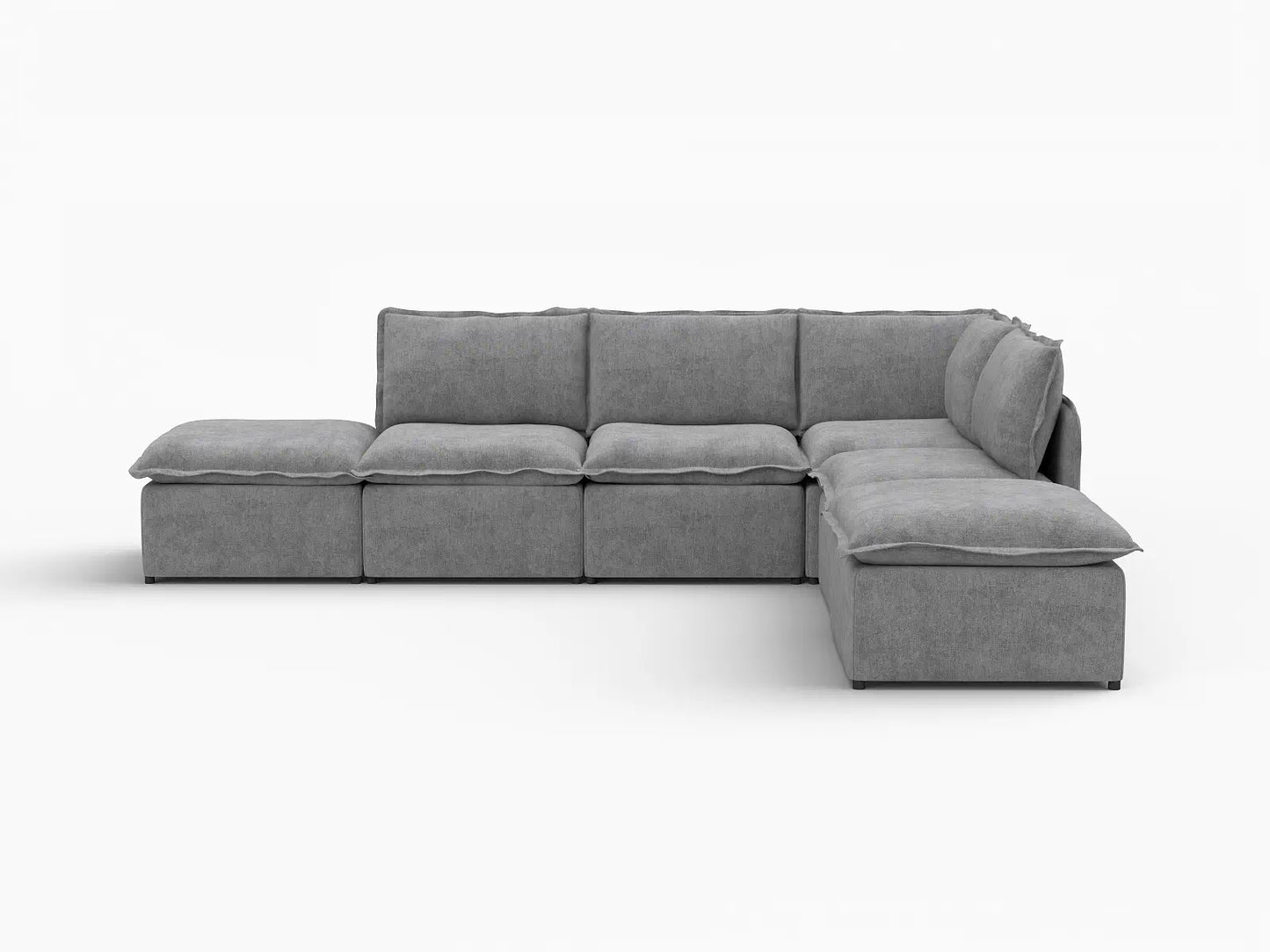 Deluxe Cloud 4-Seater Grey Large Space L-Shaped Sectional | 6-Piece (Includes 2 Ottomans), Linen Look Poly Fabric, Easy To Clean