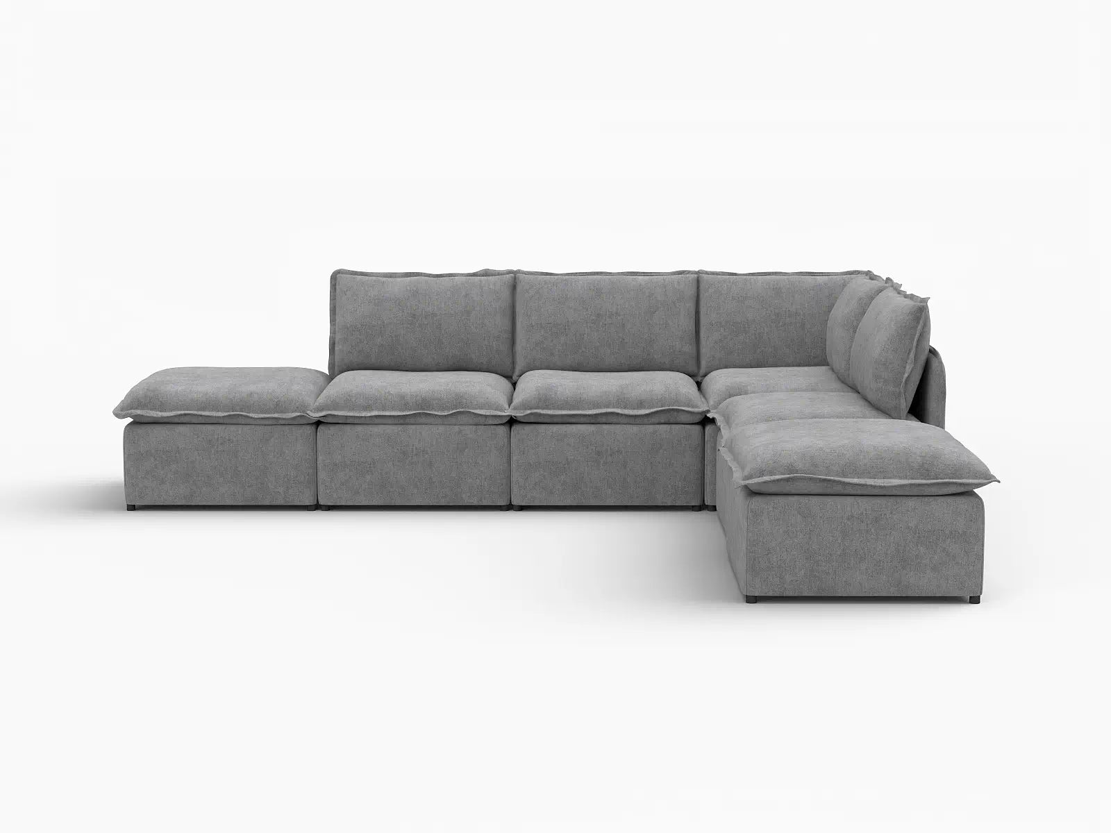 Deluxe Cloud 4-Seater Grey Large Space L-Shaped Sectional | 6-Piece (Includes 2 Ottomans), Linen Look Poly Fabric, Easy To Clean