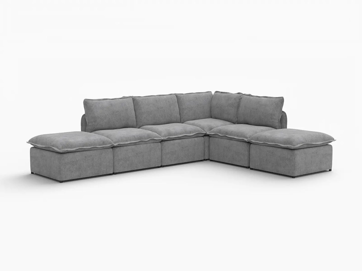 Deluxe Cloud 4-Seater Grey Large Space L-Shaped Sectional | 6-Piece (Includes 2 Ottomans), Linen Look Poly Fabric, Easy To Clean