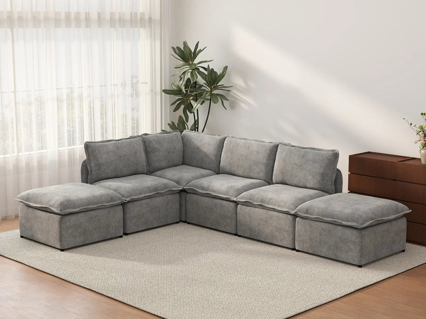 Deluxe Cloud 4-Seater Grey Large Space L-Shaped Sectional | 6-Piece (Includes 2 Ottomans), Linen Look Poly Fabric, Easy To Clean