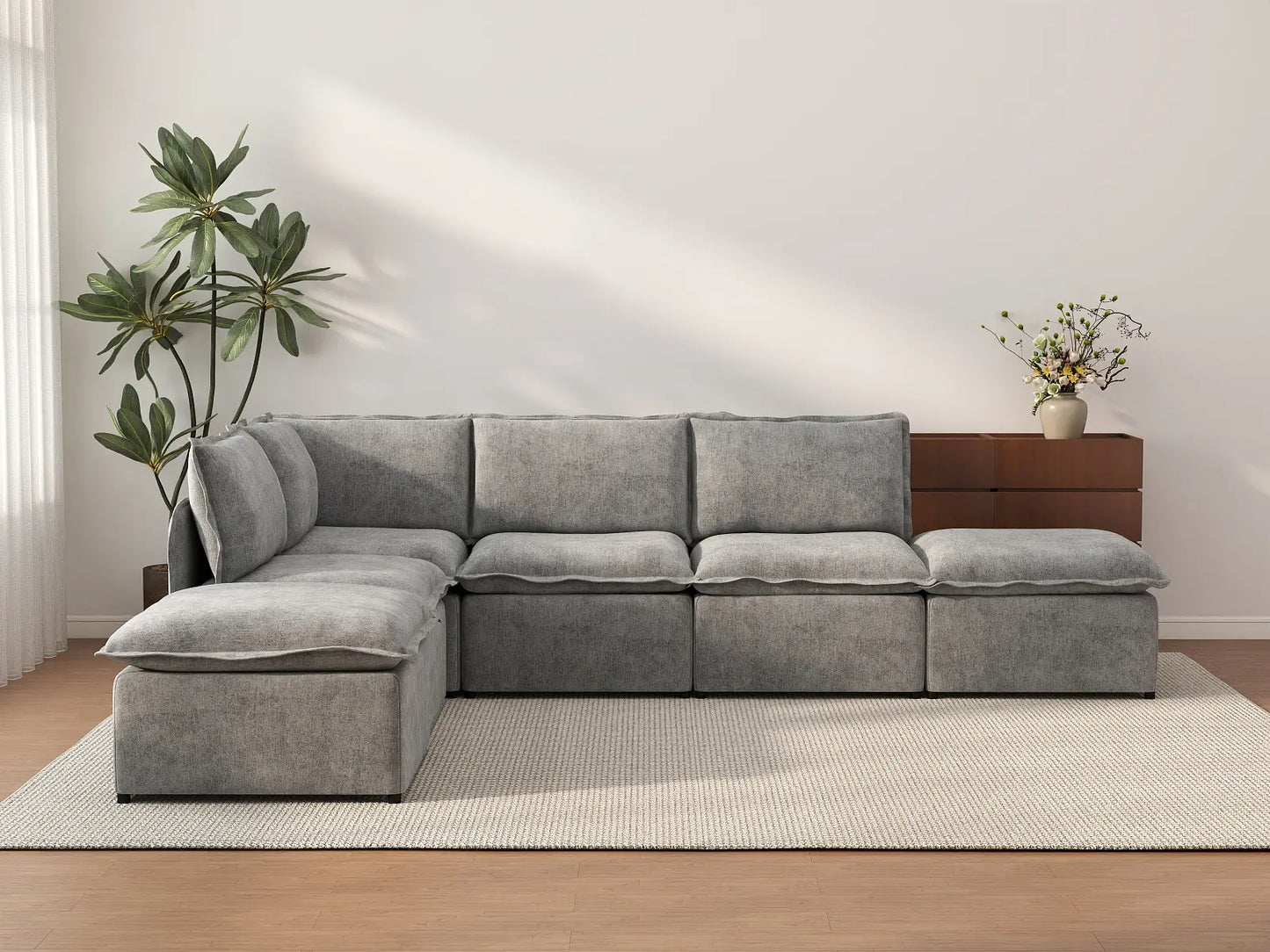 Deluxe Cloud 4-Seater Grey Large Space L-Shaped Sectional | 6-Piece (Includes 2 Ottomans), Linen Look Poly Fabric, Easy To Clean