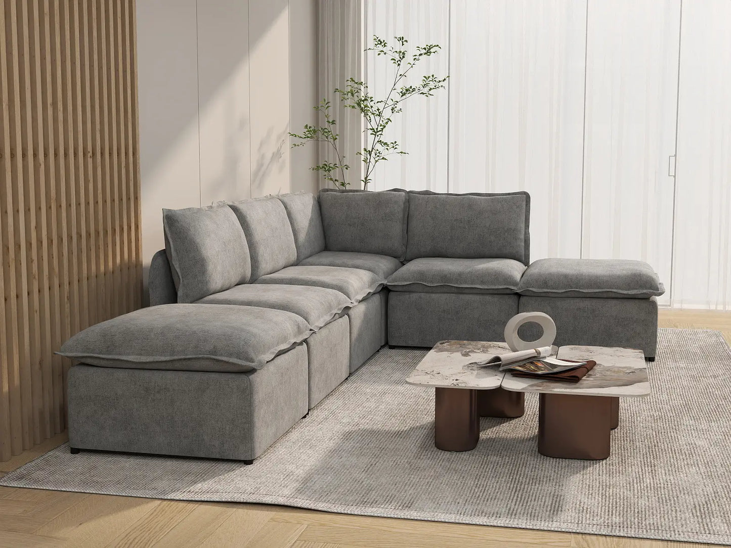 Deluxe Cloud 4-Seater Grey Large Space L-Shaped Sectional | 6-Piece (Includes 2 Ottomans), Linen Look Poly Fabric, Easy To Clean