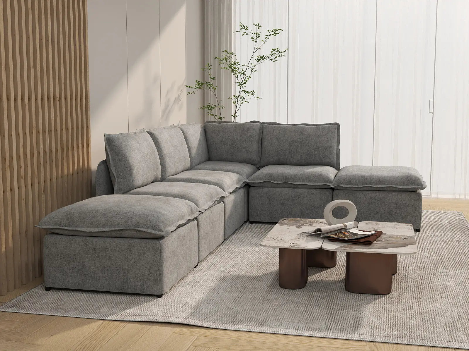 Deluxe Cloud 4-Seater Grey Large Space L-Shaped Sectional | 6-Piece (Includes 2 Ottomans), Linen Look Poly Fabric, Easy To Clean