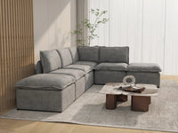Deluxe Cloud 4-Seater Grey Large Space L-Shaped Sectional | 6-Piece (Includes 2 Ottomans), Linen Look Poly Fabric, Easy To Clean