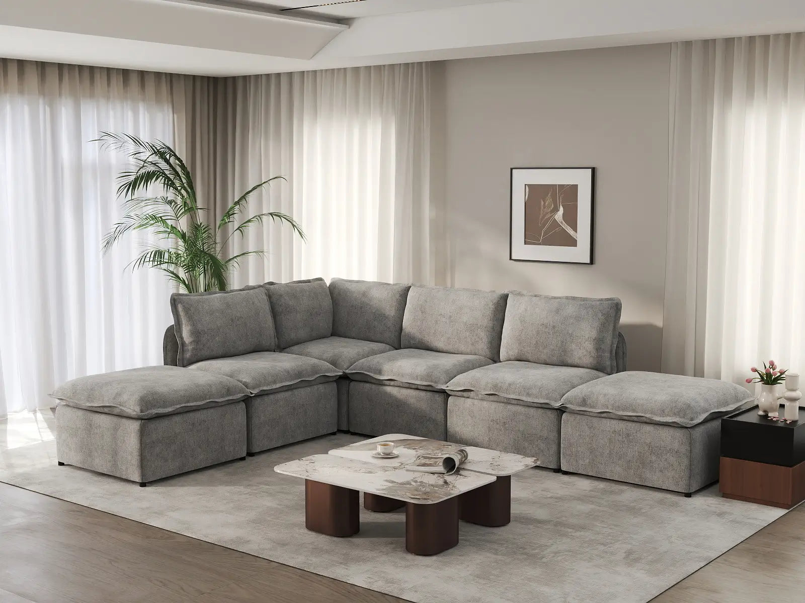 Deluxe Cloud 4-Seater Grey Large Space L-Shaped Sectional | 6-Piece (Includes 2 Ottomans), Linen Look Poly Fabric, Easy To Clean