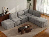 Deluxe Cloud 4-Seater Grey Large Space L-Shaped Sectional | 6-Piece (Includes 2 Ottomans), Linen Look Poly Fabric, Easy To Clean
