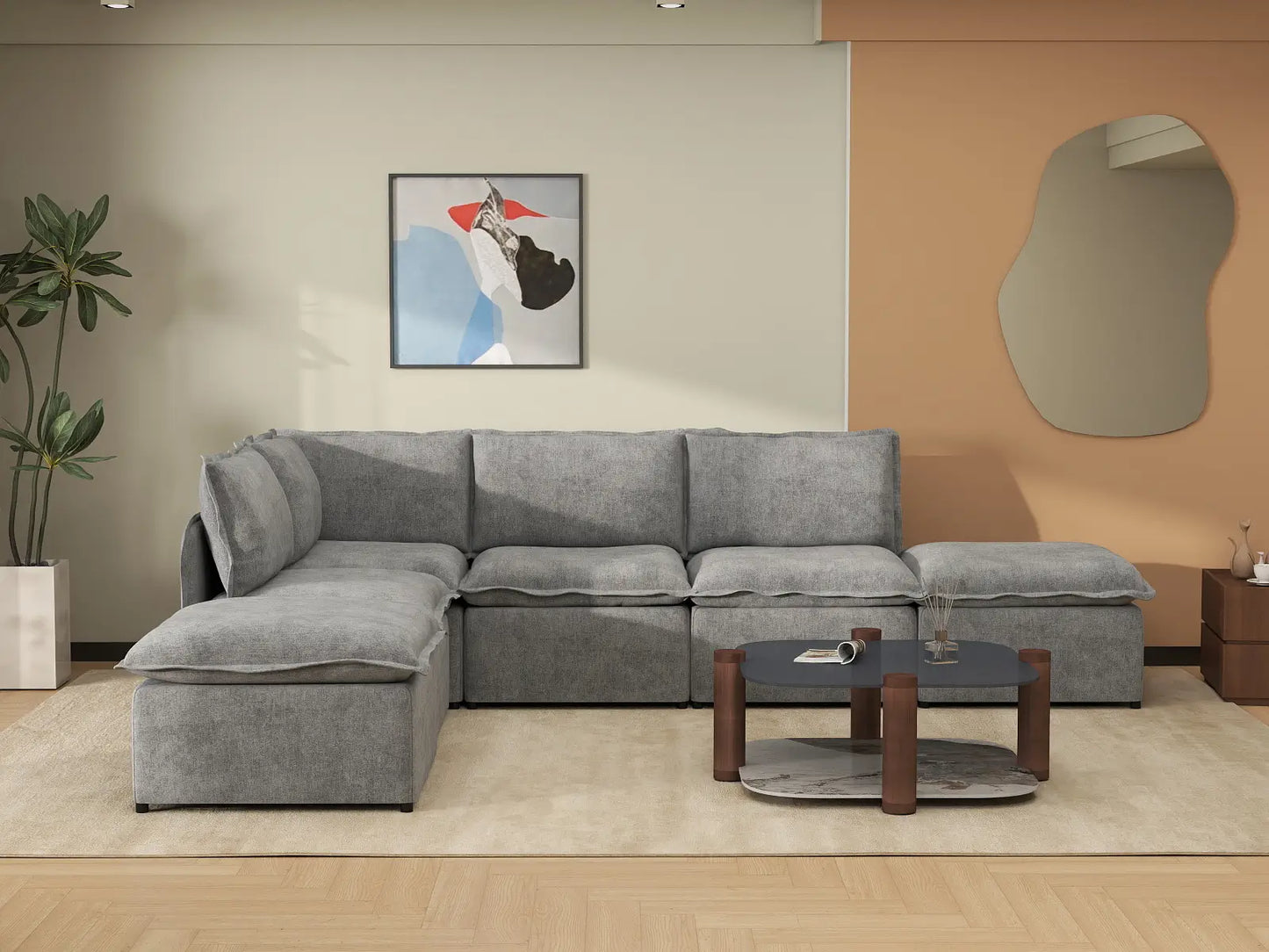 Deluxe Cloud 4-Seater Grey Large Space L-Shaped Sectional | 6-Piece (Includes 2 Ottomans), Linen Look Poly Fabric, Easy To Clean
