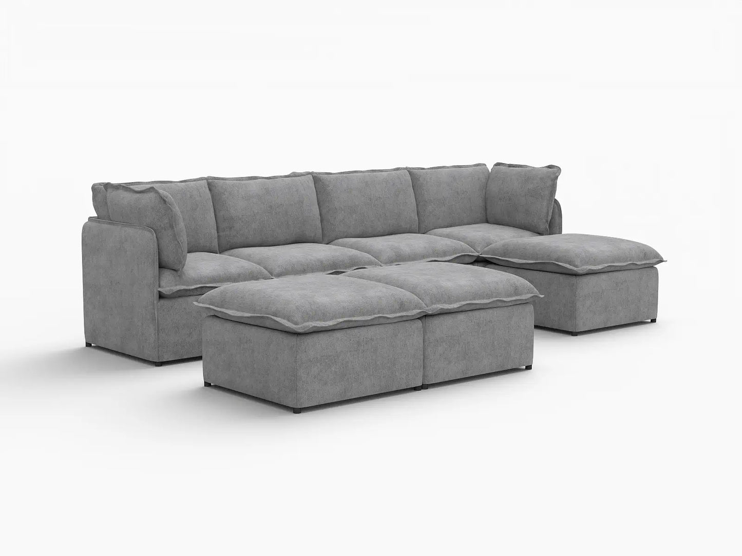 Deluxe Cloud 4-Seater Grey Large Space Sofa Set | 7-Piece (Includes 3 Ottomans), Linen Look Poly Fabric, Easy To Clean