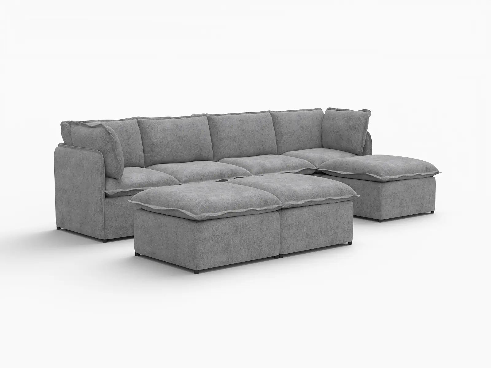 Deluxe Cloud 4-Seater Grey Large Space Sofa Set | 7-Piece (Includes 3 Ottomans), Linen Look Poly Fabric, Easy To Clean
