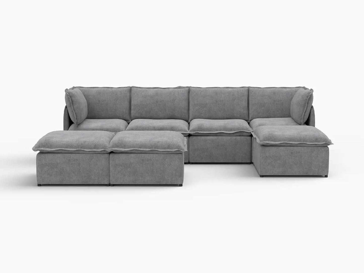 Deluxe Cloud 4-Seater Grey Large Space Sofa Set | 7-Piece (Includes 3 Ottomans), Linen Look Poly Fabric, Easy To Clean