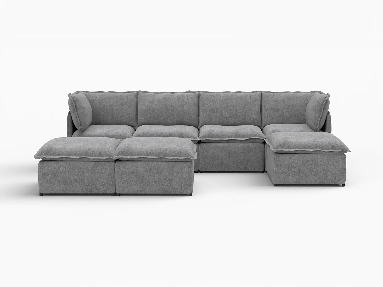 Deluxe Cloud 4-Seater Grey Large Space Sofa Set | 7-Piece (Includes 3 Ottomans), Linen Look Poly Fabric, Easy To Clean