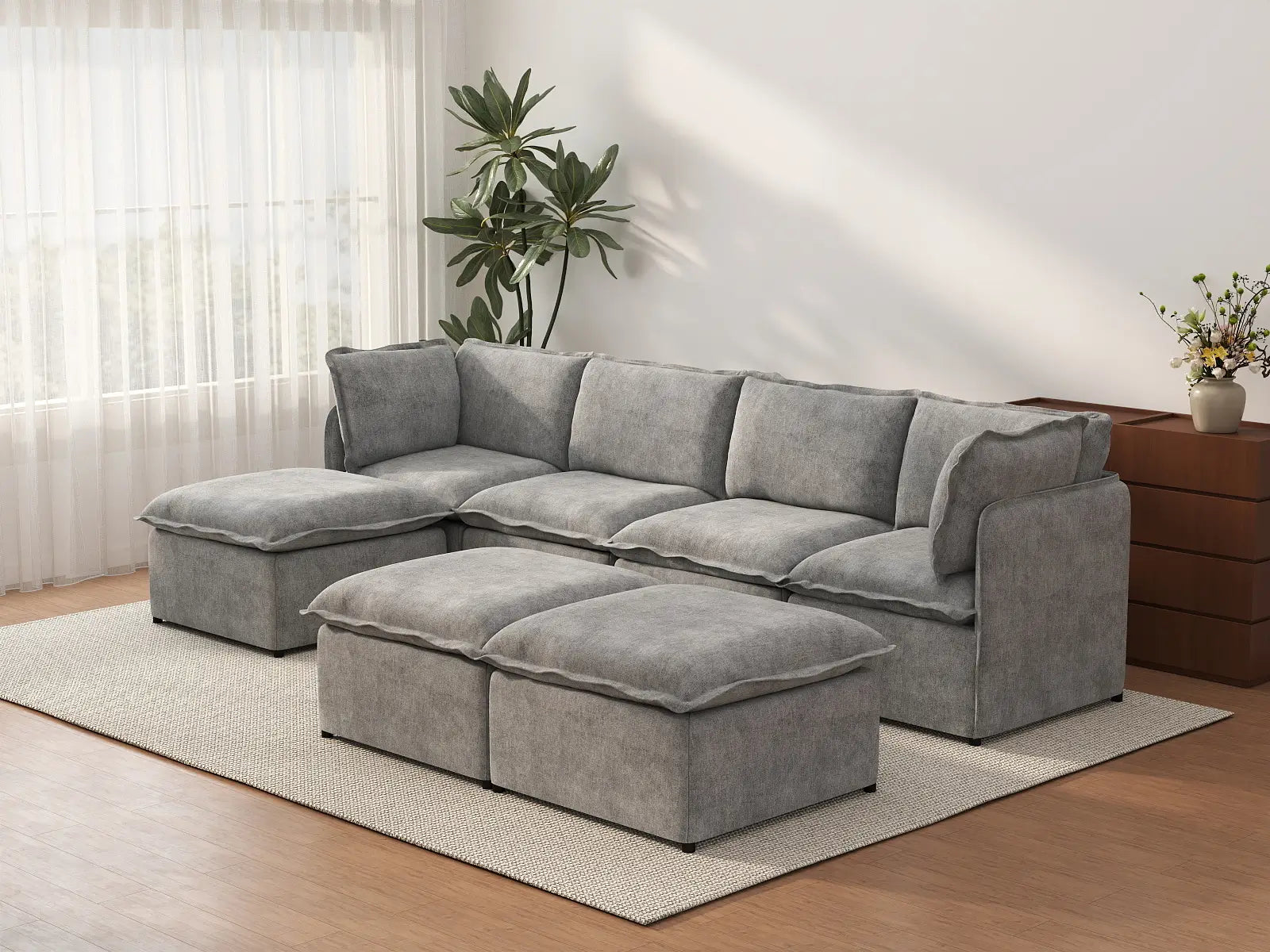 Deluxe Cloud 4-Seater Grey Large Space Sofa Set | 7-Piece (Includes 3 Ottomans), Linen Look Poly Fabric, Easy To Clean