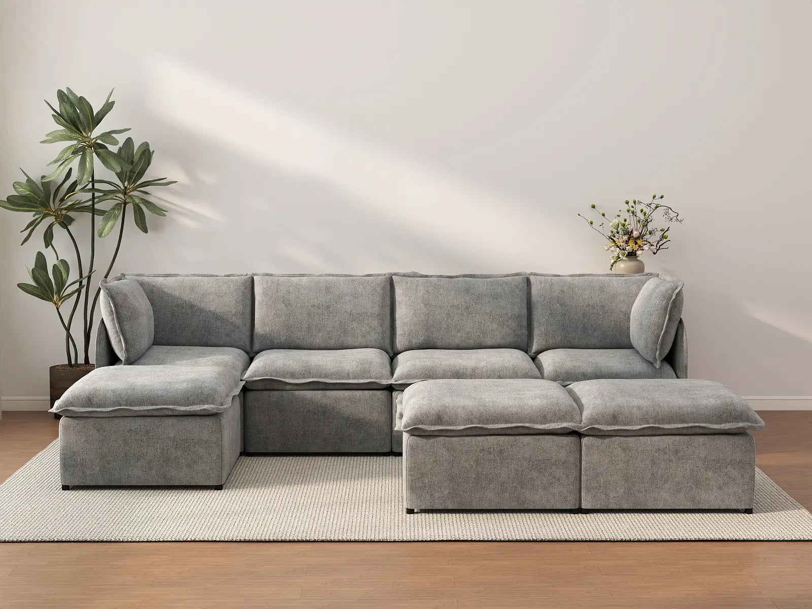 Deluxe Cloud 4-Seater Grey Large Space Sofa Set | 7-Piece (Includes 3 Ottomans), Linen Look Poly Fabric, Easy To Clean