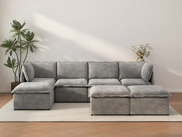 Deluxe Cloud 4-Seater Grey Large Space Sofa Set | 7-Piece (Includes 3 Ottomans), Linen Look Poly Fabric, Easy To Clean