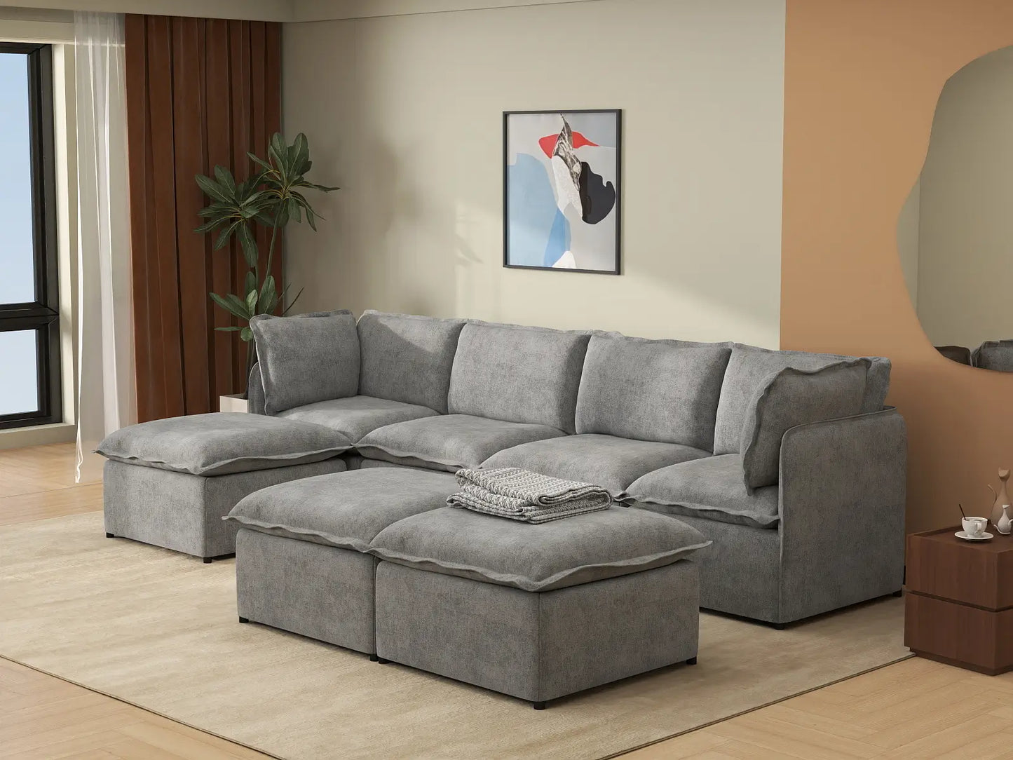 Deluxe Cloud 4-Seater Grey Large Space Sofa Set | 7-Piece (Includes 3 Ottomans), Linen Look Poly Fabric, Easy To Clean
