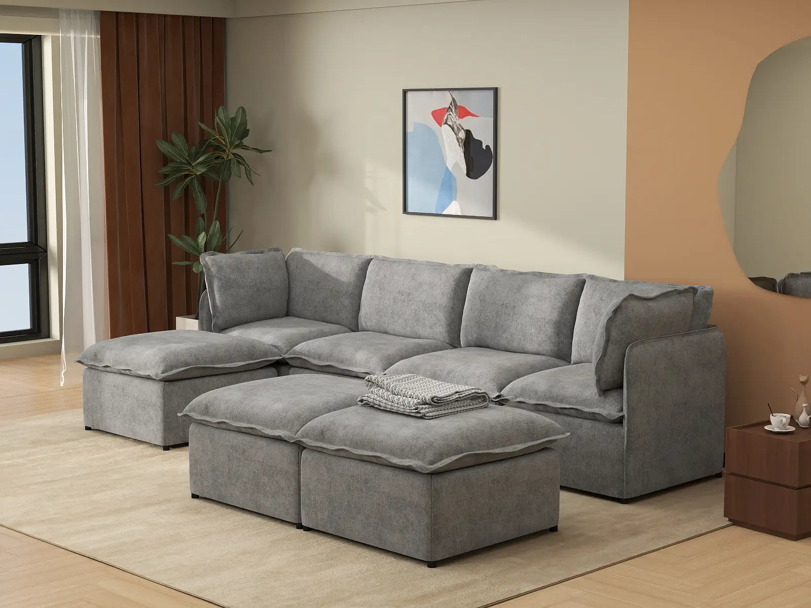 Deluxe Cloud 4-Seater Grey Large Space Sofa Set | 7-Piece (Includes 3 Ottomans), Linen Look Poly Fabric, Easy To Clean