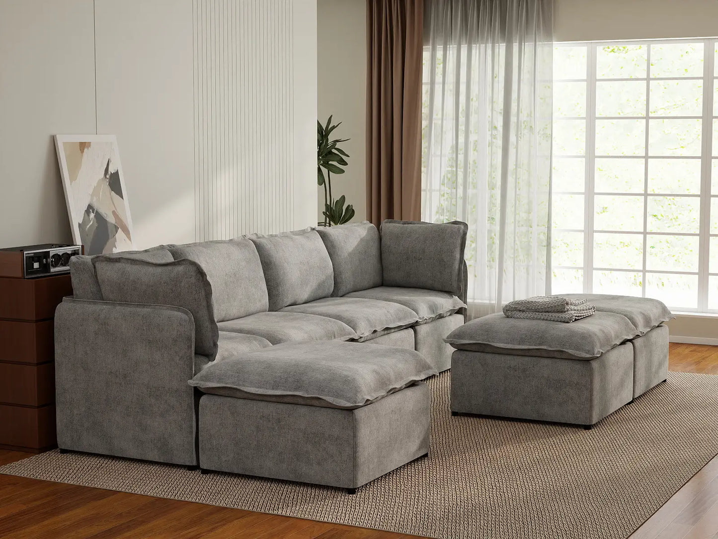 Deluxe Cloud 4-Seater Grey Large Space Sofa Set | 7-Piece (Includes 3 Ottomans), Linen Look Poly Fabric, Easy To Clean