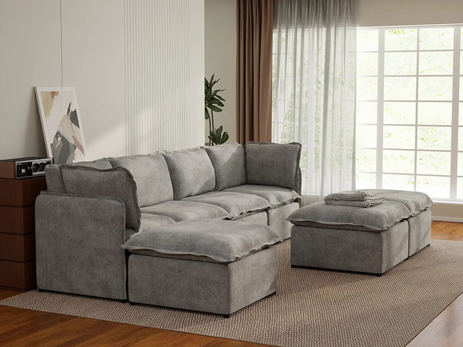 Deluxe Cloud 4-Seater Grey Large Space Sofa Set | 7-Piece (Includes 3 Ottomans), Linen Look Poly Fabric, Easy To Clean