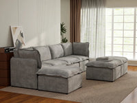 Deluxe Cloud 4-Seater Grey Large Space Sofa Set | 7-Piece (Includes 3 Ottomans), Linen Look Poly Fabric, Easy To Clean