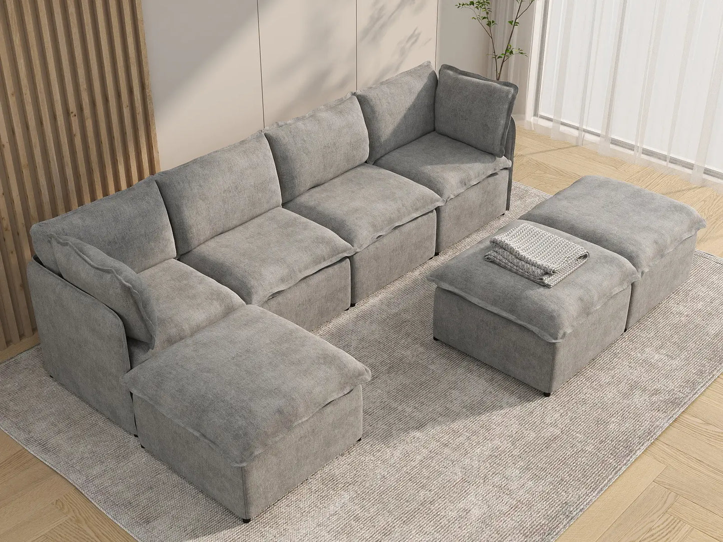 Deluxe Cloud 4-Seater Grey Large Space Sofa Set | 7-Piece (Includes 3 Ottomans), Linen Look Poly Fabric, Easy To Clean