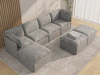 Deluxe Cloud 4-Seater Grey Large Space Sofa Set | 7-Piece (Includes 3 Ottomans), Linen Look Poly Fabric, Easy To Clean