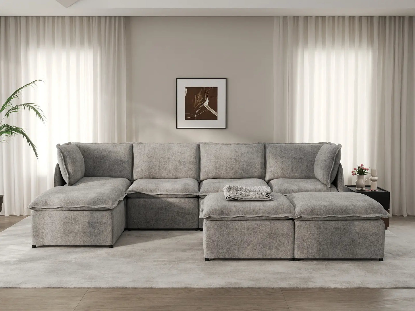 Deluxe Cloud 4-Seater Grey Large Space Sofa Set | 7-Piece (Includes 3 Ottomans), Linen Look Poly Fabric, Easy To Clean